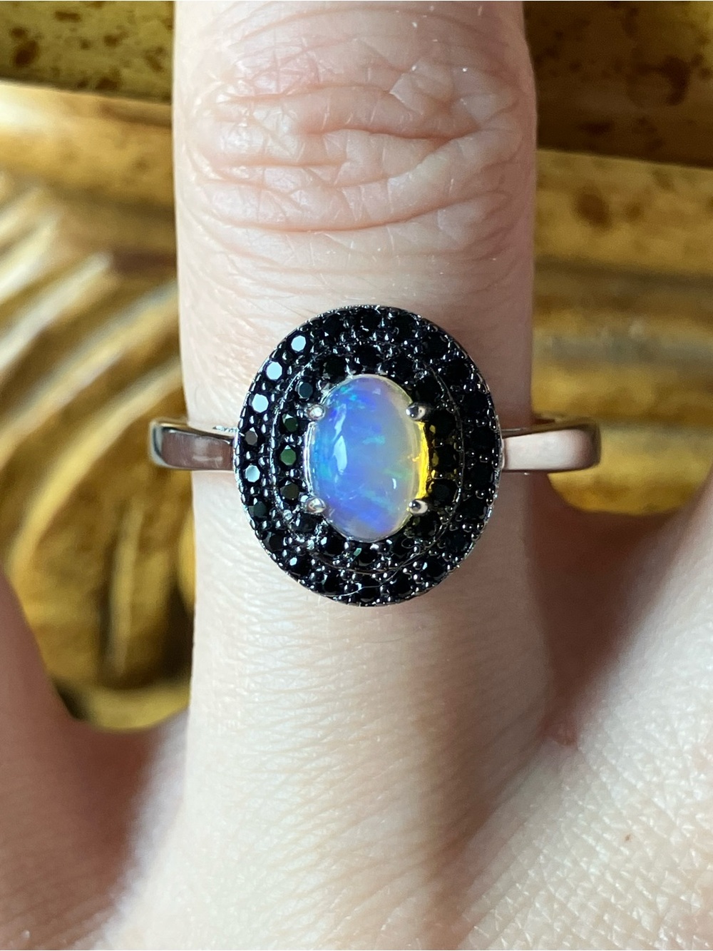 Natural Ethiopian Opal Black Spinel Sterling Silver Ring Size 8
